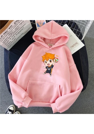 Kadın Moda Voleybol Manga Haikyuu Kapşonlu Harajuku Kawaii Kazak Sweatshirt Karikatür Baskı Anime Estetik Kapşonlu Sokak Giyimi Üst Pembe