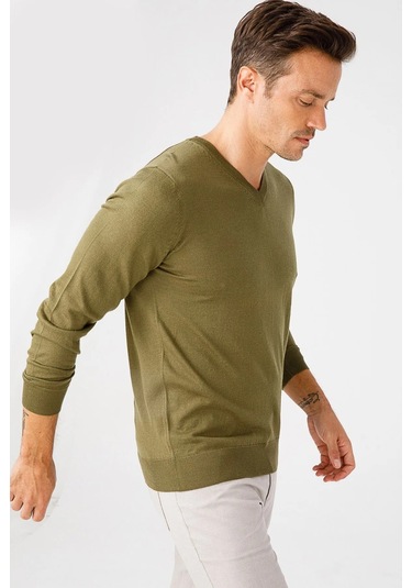 Desen Triko Erkek Basic V Yaka İnce Triko Kazak 02421602 Haki Haki