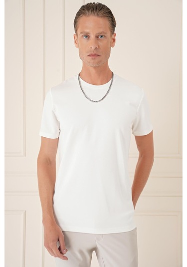 Comfort Fit Bisiklet Yaka Esnek Pamuk Casual Ekru Tişört Ts 885 Ekru