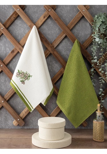 2 Li Mutfak Havlusu Seti - Ekru Ve Yeşil Renk - Zeytin Figürlü Pamuk 40x60 Cm Yeşil