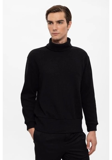 Erkek Balıkçı Yaka Fitilli Kazak Siyah Siyah