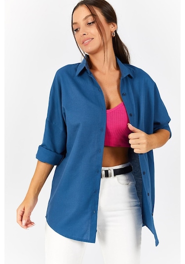 Armonika Kadın Lacivert Oversize Uzun Basic Gömlek Arm-22y001118