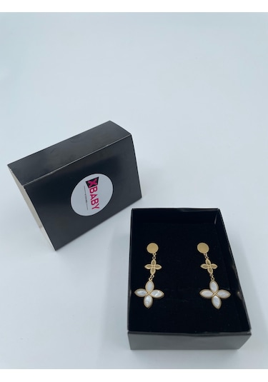Xbaby Beyaz Dolgulu İkili Yonca Gold Küpe
