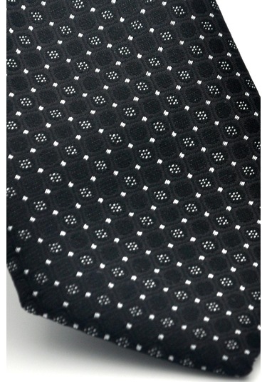 Beyaz Karışık Desenli Siyah Dokuma Kumaş Mendilli Slim Fit Kravat // Sdk-2502-1 Siyah
