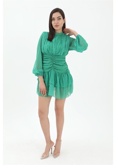 Büzgülü Puantiyeli Şifon Elbise - Yeşil-yeşil