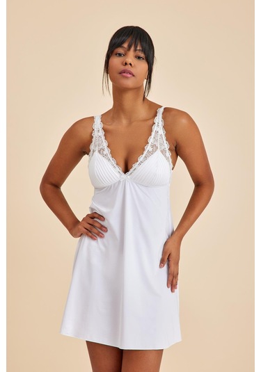 Paris Ekru Dantelli Kumaş Gecelik Ekru