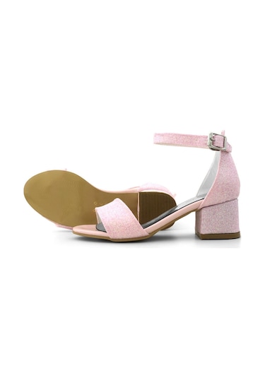 Lilo Simli Pembe Tek Bantlı Kız Çocuk Topuklu Abiye Ayakkabı Pembe