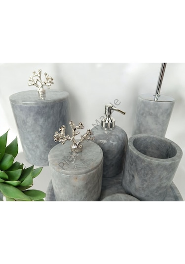 Gri Mermer Klasik Model 7 Parça Gümüş Renk Mercan Aksesuarlı Banyo Seti Gri