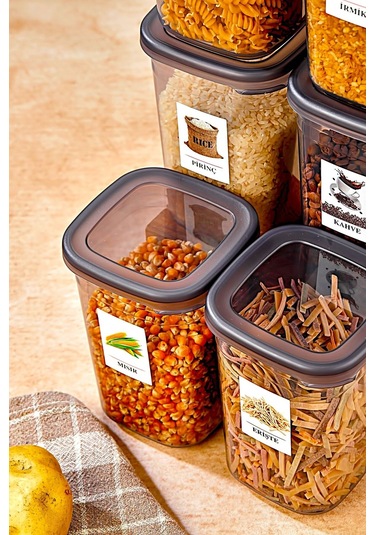 6 Adet Etiketli Square Kare Erzak Saklama Kabı Seti 1200 Ml - Sert Kapak 1.2 Litre Çok Renkli
