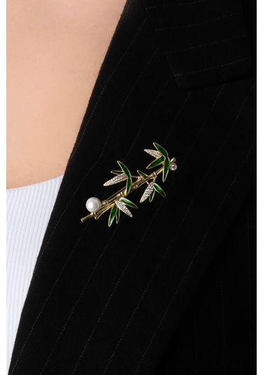 Şans Bambusu 18 Ayar Sarı Altın Kaplama Gümüş Broş Sarı Altın Kaplama