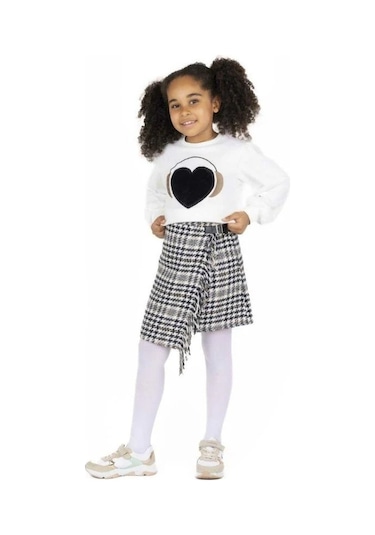 Kız Çocuk Kalpli Peluş Sweatshirt-13494 Ekru