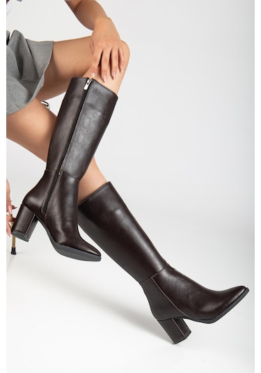 Kadın Topuklu Çizme Kahve Suni Deri Sivri Burun-4208 Kahve