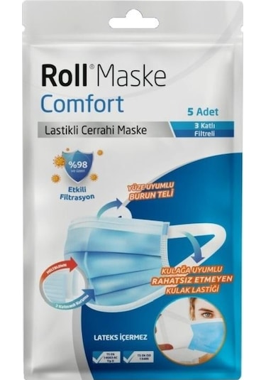 Roll Maske Comfort 3 Katlı Lastikli Cerrahi Maske 50 Adet
