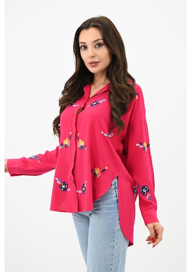 Koza Butik Kadın Nakış İşlemeli Oversize Gömlek 1735-24 001
