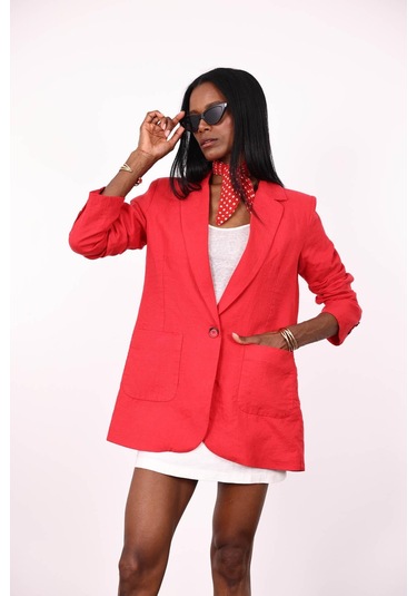 Kırmızı %100 Ham Keten Ceket Kırmızı