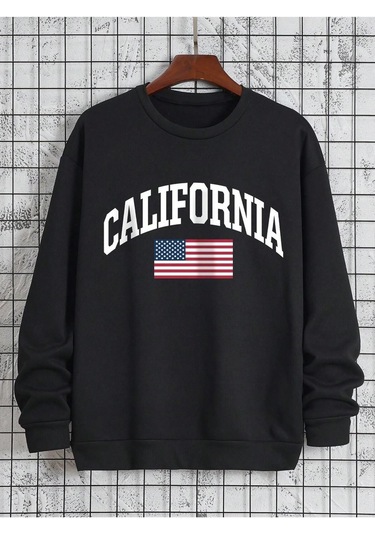 Coko Serisi American Flag & Letter Graphic Lined Sweatshirt Siyah--8185 Siyah