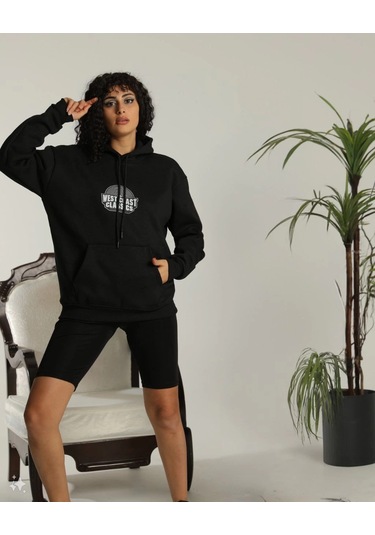 Unisex Sırt Baskılı Kapüşonlu Üç İplik Oversize Sweatshirt - Siyah Siyah