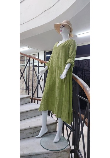 İtalyan V Yaka Uzun Kol Keten Elbise-8907 Fıstık Yeşili