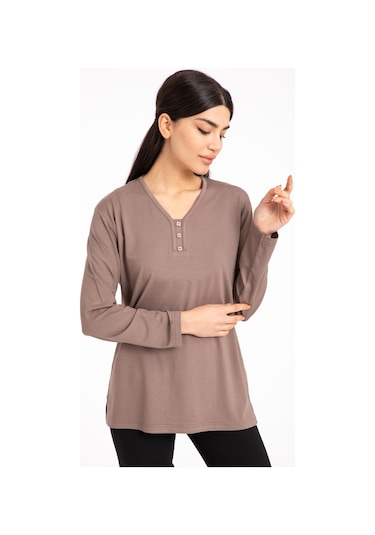 Kadın Orta Yaş ve Üzeri Dört Mevsim V Yaka Rahat Kalıp Likralı Viskoz Anne Penye Bluz 140-Vizon