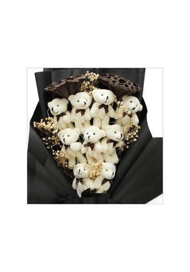 9 Pelüş Ayıcıklı, Kuru Çiçekli Ve Led Işıklı Buket, 54x36cm