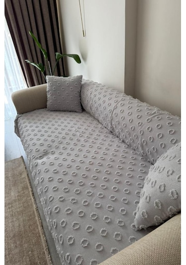 Konik Kırlent Kılıfı Hediyeli 170x210 Cm Pamuklu Koltuk Örtüsü Gri Gri