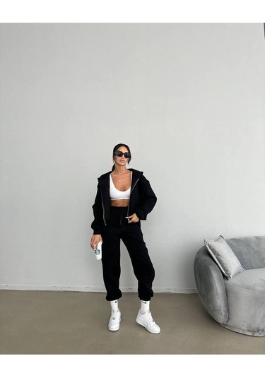 Düz Basic Hırka Eşofman Altı Jogger Alt Üst Takım - Siyah Fermuarlı Oversize Kapüşonlu Siyah