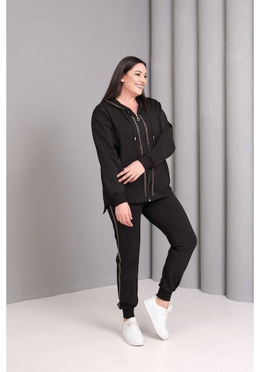 Şerit Taş Baskılı Takım Siyah