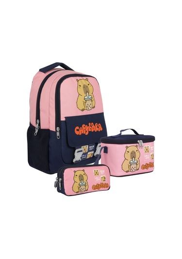 Capybara Kız Çocuk - Lacivert - Pembe İlkokul Üçlü Çanta Seti - Setcpb5203a Çok Renkli