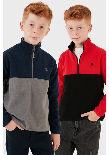 Lela Yumuşak Dokulu Yarım Fermuarlı Renk Bloklu Dik Yaka 2'Li Paket Çocuk Polar 5905004S2 Kırmızı Siyah-Lacivert Gri