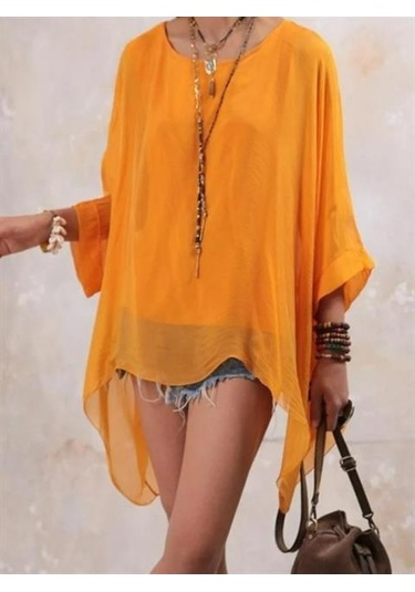 İtalyan Yarasa Kollu İpek Bluz Oranj