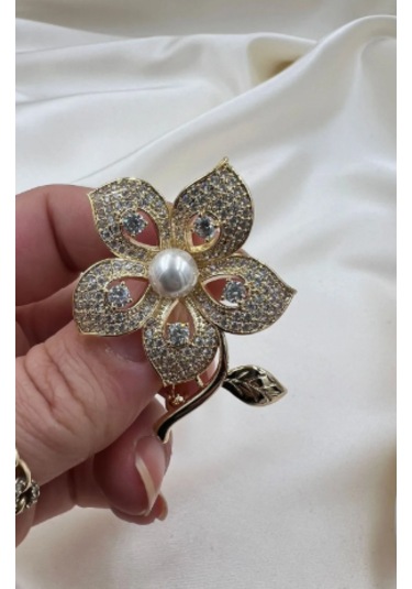 Bb Altın Kaplama İncili Çiçek Broş Altın - Beyaz