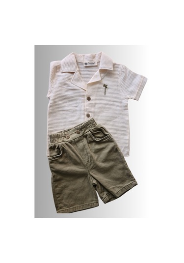 2'li Erkek Çocuk Krem Gömlek Yeşil Sortlu Takım-1358 Yeşil