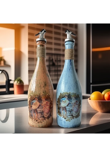 Desenli Sunum Stantlı 2'li 750 Ml Zeytinyağı Şişesi Yağdanlık