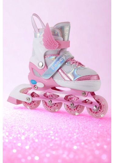 Melek Kanatlı Işıklı Çocuk Pateni Silikon Teker Ayarlanabilir Paten Taşıma Çantalı Pembe Pembe