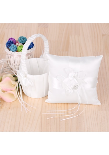 Yifomall Düğün İçin 2'li Set: Beyaz Çiçek Sepeti Ve 20x20cm Yüzük Yastığı - Mor Kurdele İle Dekore, Zarif Ve Pratik Diğer