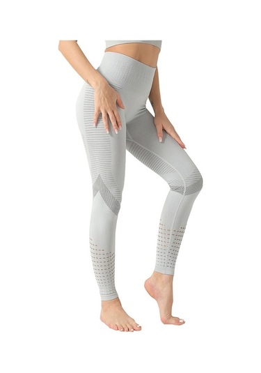 Fortunelane Kadın Yoga Taytları - Dar Kesimli, Yüksek Bel, Delikli Tasarım, Spor Ve Outdoor Kullanıma Uygun - Hafif Gri 6093 Açık Açık Gri