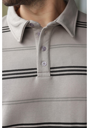 Madmext Boyalı Gri Çizgili Polo Yaka Erkek Sweatshirt E7172 Gri