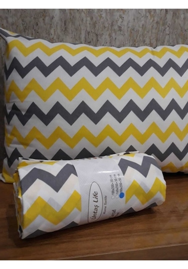 Üntaş Lastikli Çift Kişilik Çarşaf + Yastık Kılıfı Sarı - Gri 2 Adet