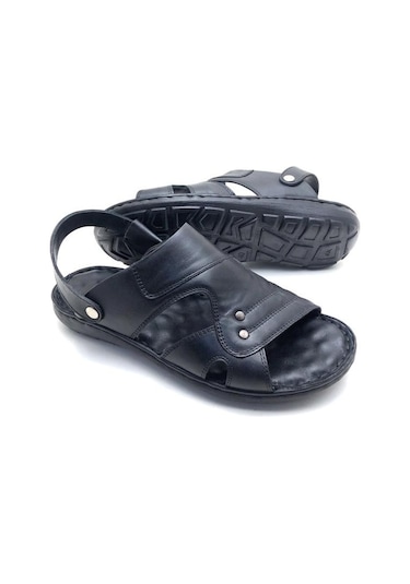 Deritarz Hakiki Deri Ortopedik Erkek Sandalet Siyah