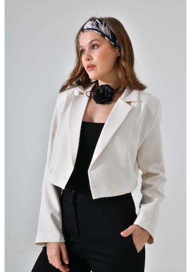 Ekru Kruvaze Crop Blazer Ceket Ekru