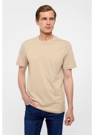 Bej Regular Düz Bisiklet Yaka Tişört-38576 Bej