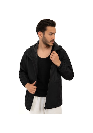 Riverstorm Erkek Siyah İçi Astarlı Kanguru Cepli Su Ve Rüzgar Geçirmez Kapüşonlu Cepli Yağmurluk Siyah