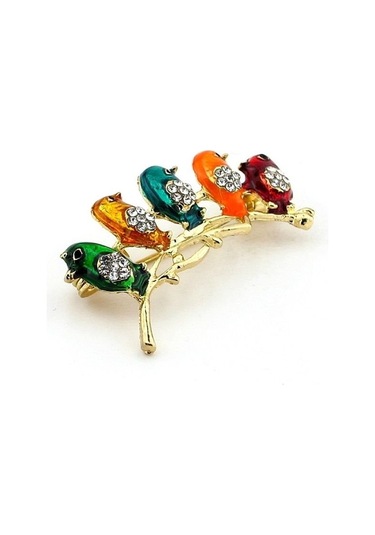 Solfera Renkli Serçe Daldaki Kuşlar Zirkon Taşlı Yaka Iğnesi Broş Rz101