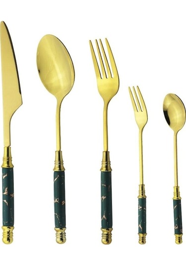Novahub Yeşil - Altın Seramik Sofra Bıçak Çatal Kaşık Çay Kaşığı Kek Çatal Seti Vintage Paslanmaz Çeli Seti Çatal Bıçak Kaşık Tk. 56468811 Yeşil - Altın Yeşil - Altın