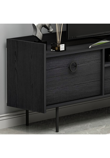 T0015 Lidya Kapaklı, Açık Raflı Tv Sehpası - Ahşap Siyah Ahşap Siyah