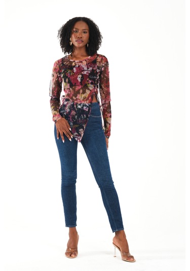 Yırtmaç Detaylı Tül Bluz Pembe