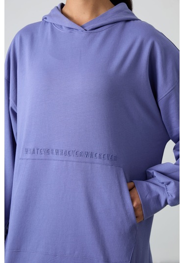 Tommy Life Eflatun Balon Kol Yazı Nakışlı Kadın Oversize Tunik Sweatshirt - 97163 Eflatun