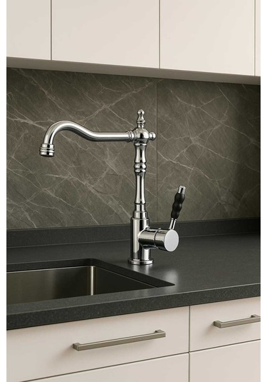 Rudi Armatür 360 Döner Gövdeli Pirinç Malzeme Gümüş Renk Rustik Eviye Bataryası Gri