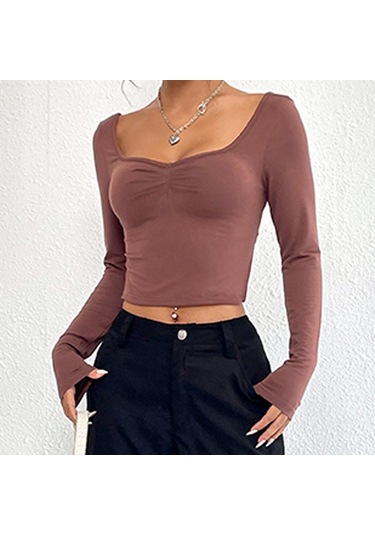 Hnxc Kadın Moda Günlük Yaz Düz Renk Baskı Uzun Kollu U Yaka Bluzlar Ve Gömlekler Koyu Kahverengi