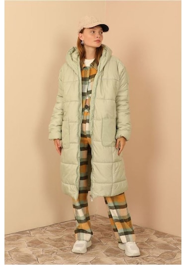 Kapitone Kumaş Uzun Kol Oversize/salaş Kadın Mont-mint Yeşil